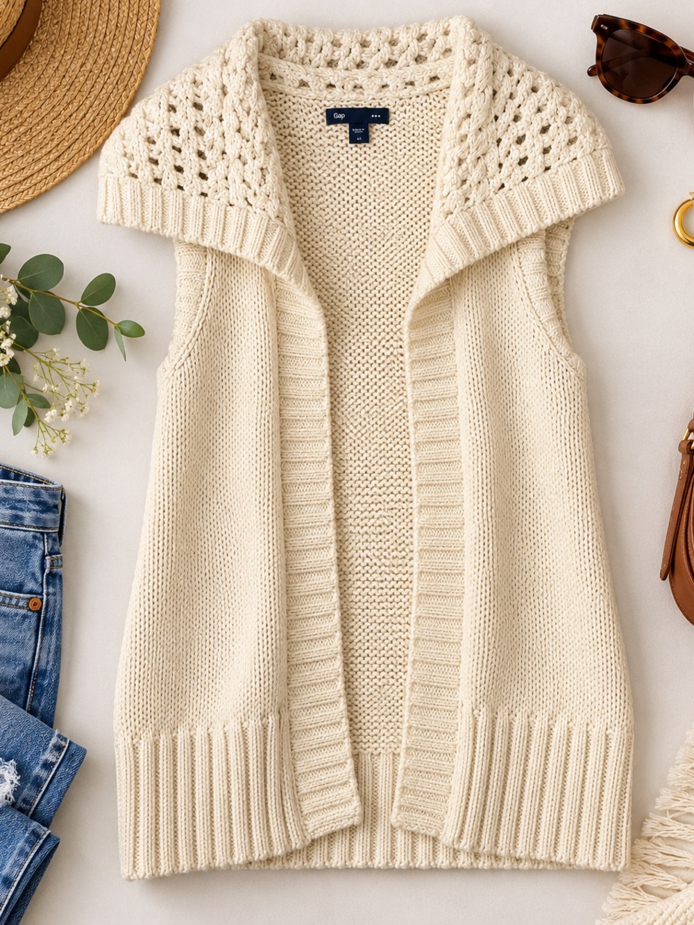 Gap Cream Chunky Knit Long Sweater Vest Open Front Shawl Collar
